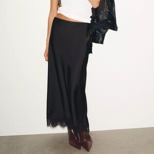 NWT Zara satin slip black lace trim midi skirt